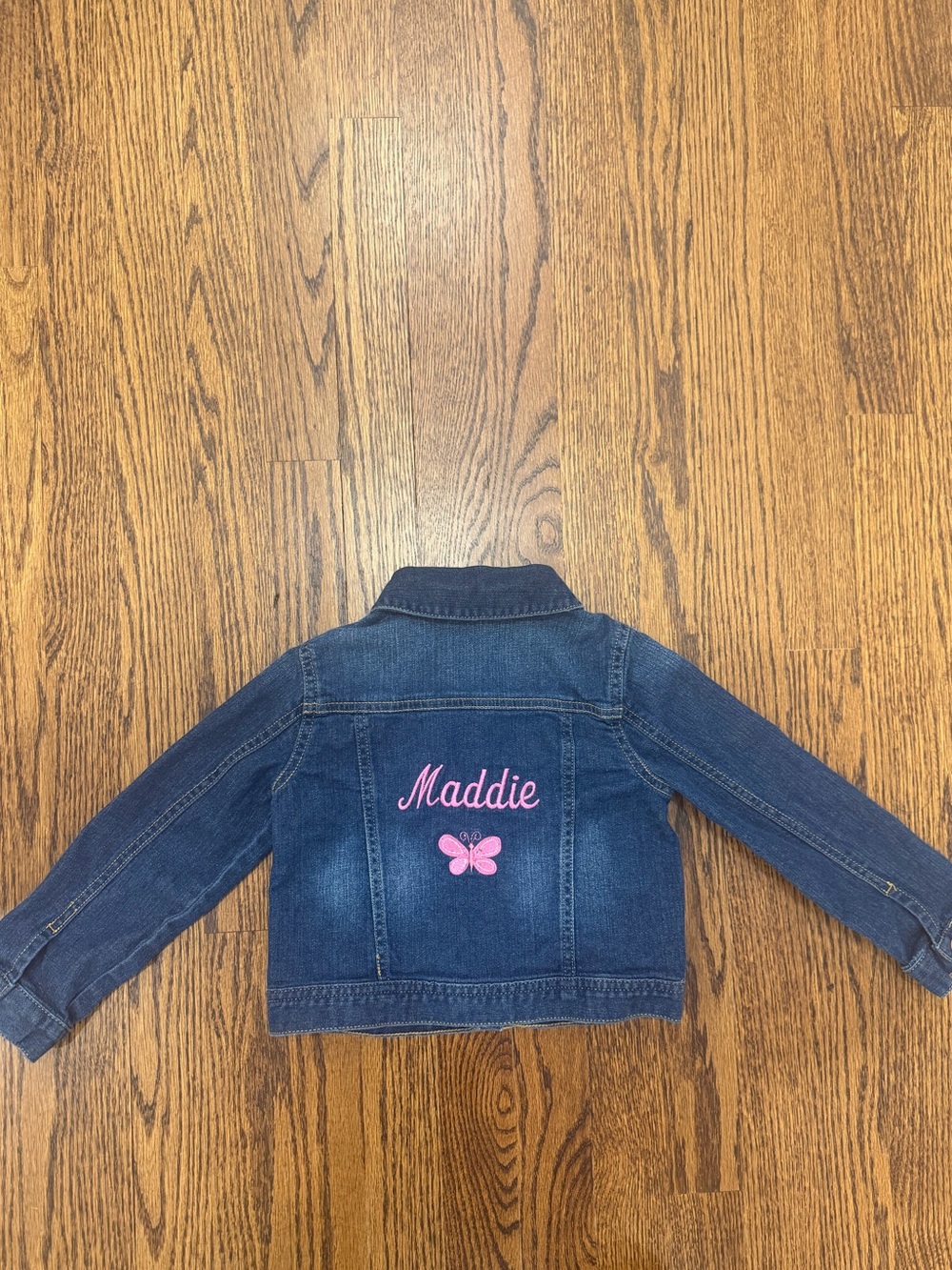 Girls' Dark Blue Denim Jacket with Pink Name & Butterfly Embroidery